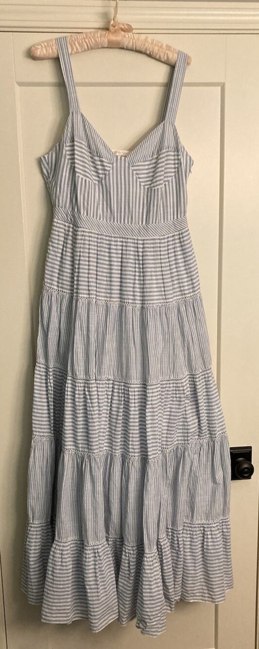 Love Shack Fancy Story Sz 10 Dress Maritime Blue Striped Tiered Maxi Sundress